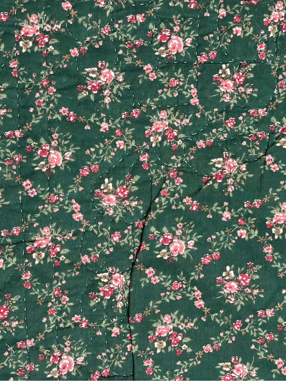 Vint Floral Patchwork Quilt Twin Center Medallion Sawtooth Trim Burgundy Green
